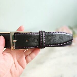 Roger‎ Ximenez Black Leather Belt Purple Stitch Solid Brass Made in Italy